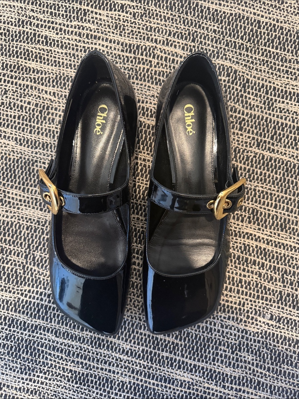 Chloé Black Patent Mary Jane Flats with Gold Buckle